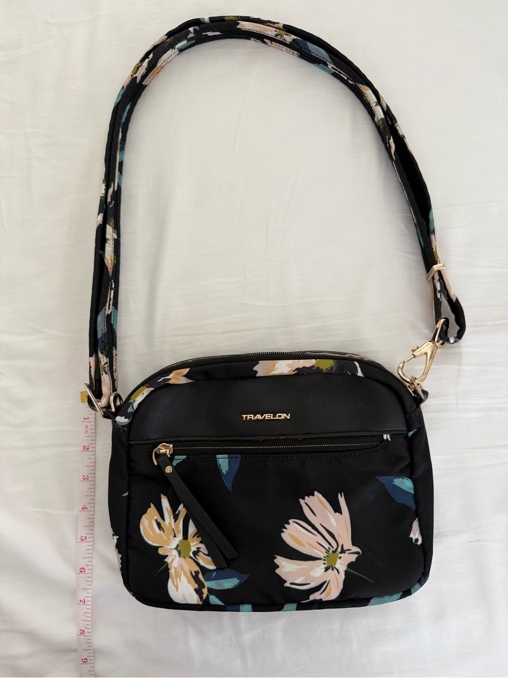 Travelon Black Floral Crossbody with Gold Logo - Picture 3 of 11